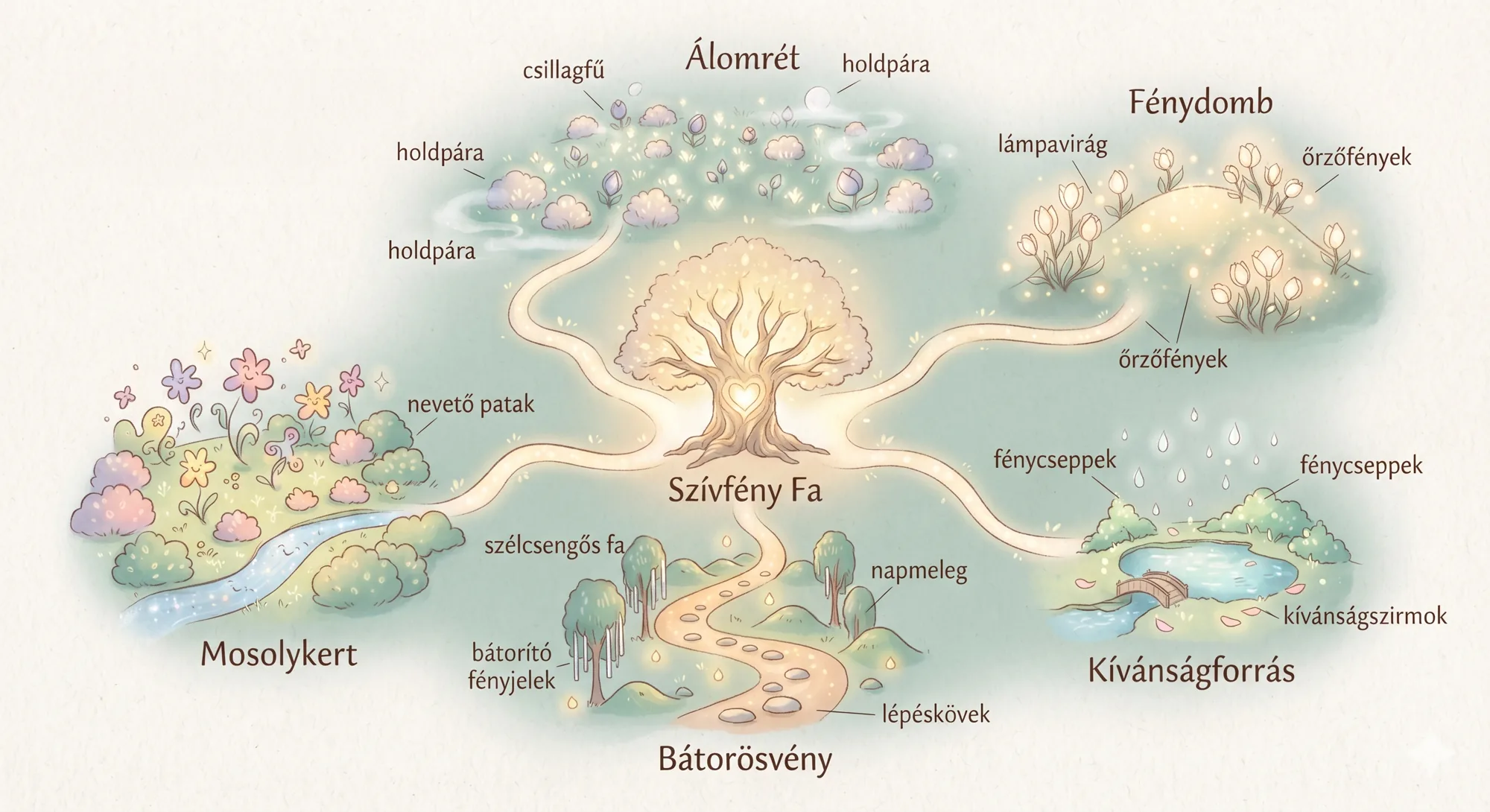 Pihefény Liget térképe: középen a Szívfény Fa, körülötte Álomrét, Fénydomb, Kívánságforrás, Bátorösvény és Mosolykert.